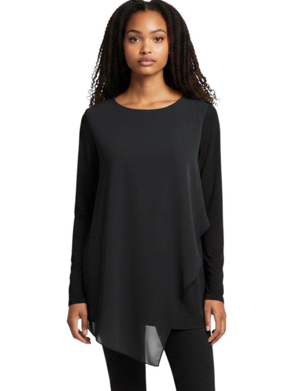 Vince Camuto Black Asymmetric Overlay Long Sleeve Blouse Keyhole Stretch Size M